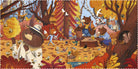 Colorful illustration of animals in a forest setting with trees and autumn leaves.