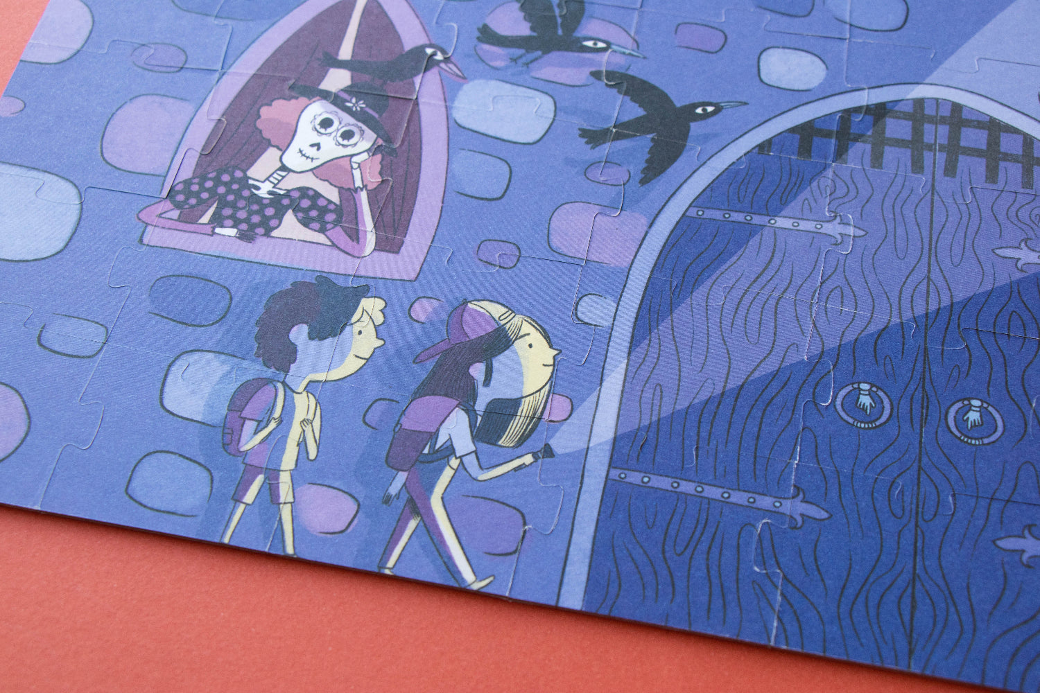 Illustration of a character with an umbrella looking out a window with birds, on a blue background.