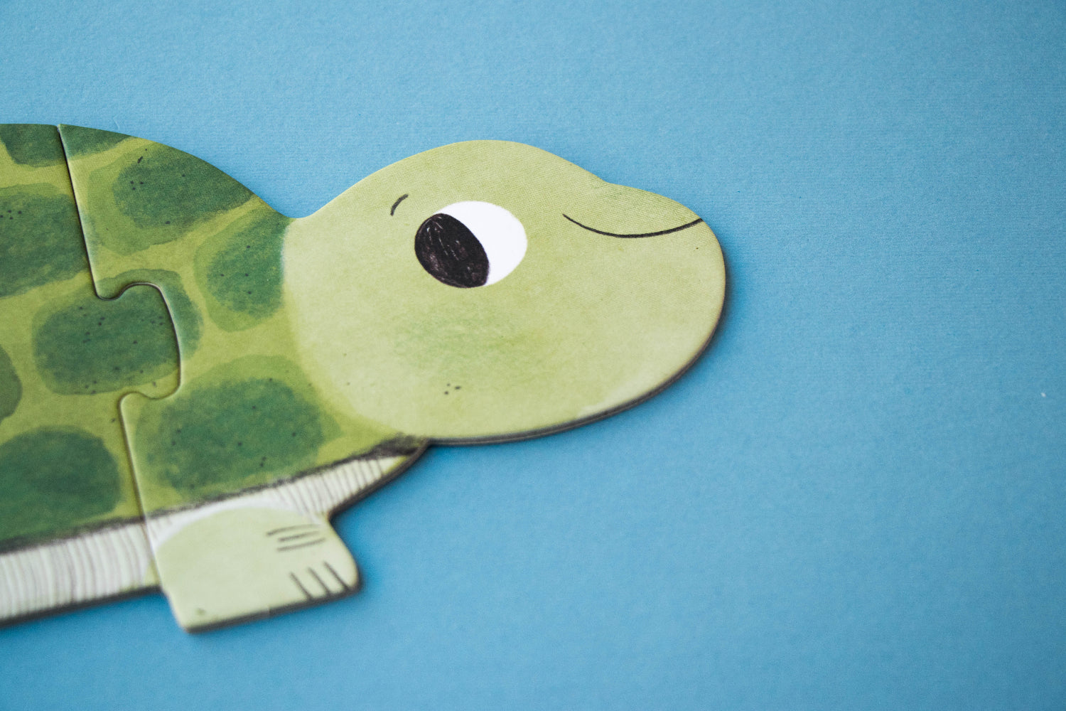 Green turtle-shaped puzzle piece on a blue background