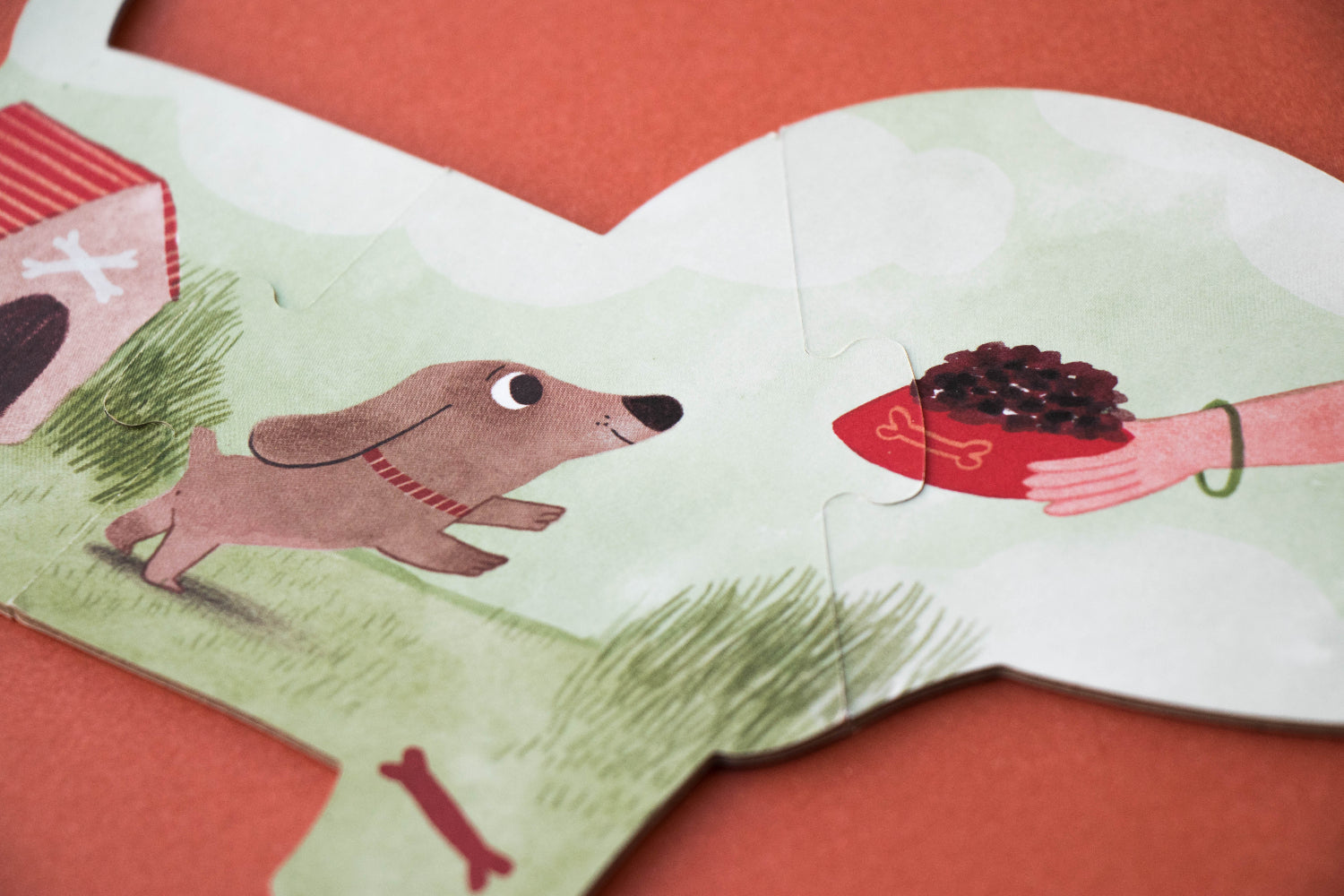 Children's book illustration with a dog and a hand holding a bone on a red background