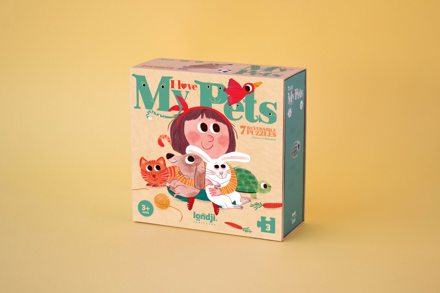 Children's puzzle box titled 'I Love My Pets' with colorful illustrations on a yellow background