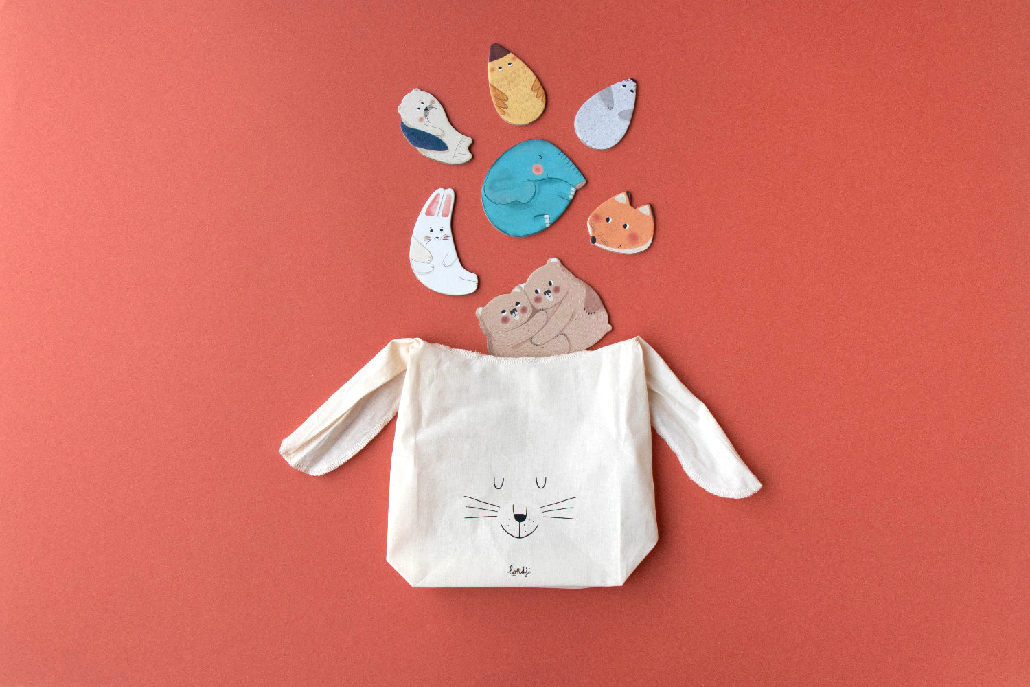 Canvas bag with cat face design and puzzles on a red background
