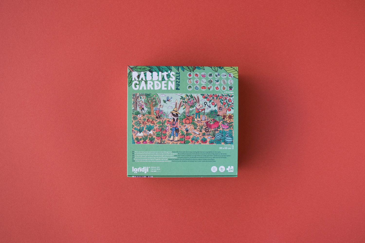 Puzzle box titled 'Rabbit's Garden' on a red background