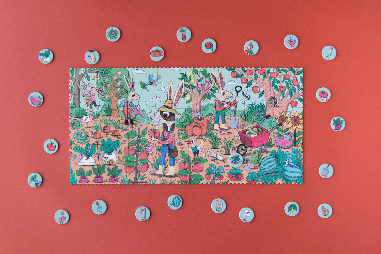Colorful children's puzzle with cartoon characters on a red background