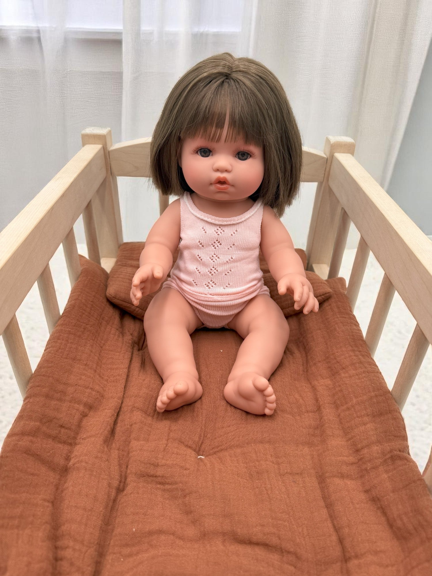 Real life baby doll Milan 13-inch Spanish-made with straight brown hair for quality pretend play