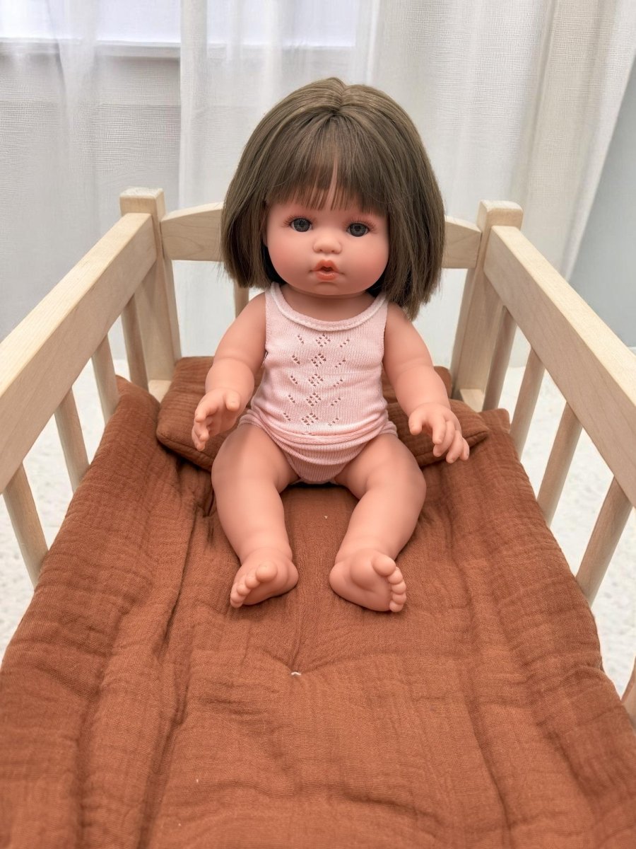 Real life baby doll Milan 13-inch Spanish-made with straight brown hair for quality pretend play