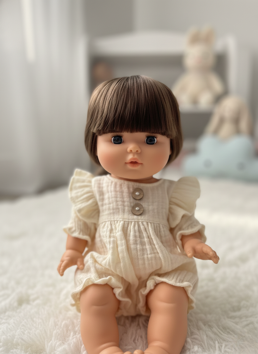 Spanish-made 13-inch Cherry doll showing realistic facial features and vanilla-scented vinyl body