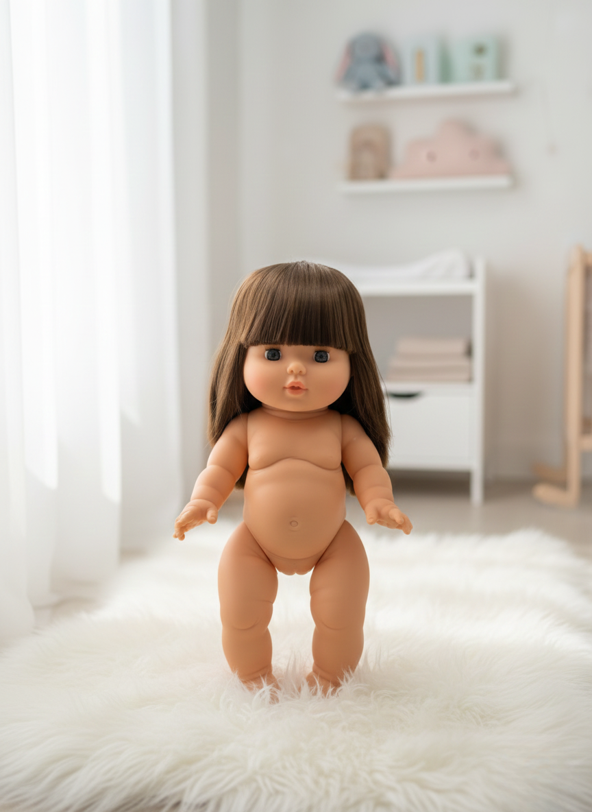 Brunette Minikane doll with movable arms and legs for dynamic pretend play posing