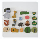 Complete set of wooden Montessori animal stacking blocks featuring colorful forest creatures and trees