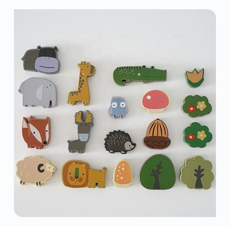 Complete set of wooden Montessori animal stacking blocks featuring colorful forest creatures and trees