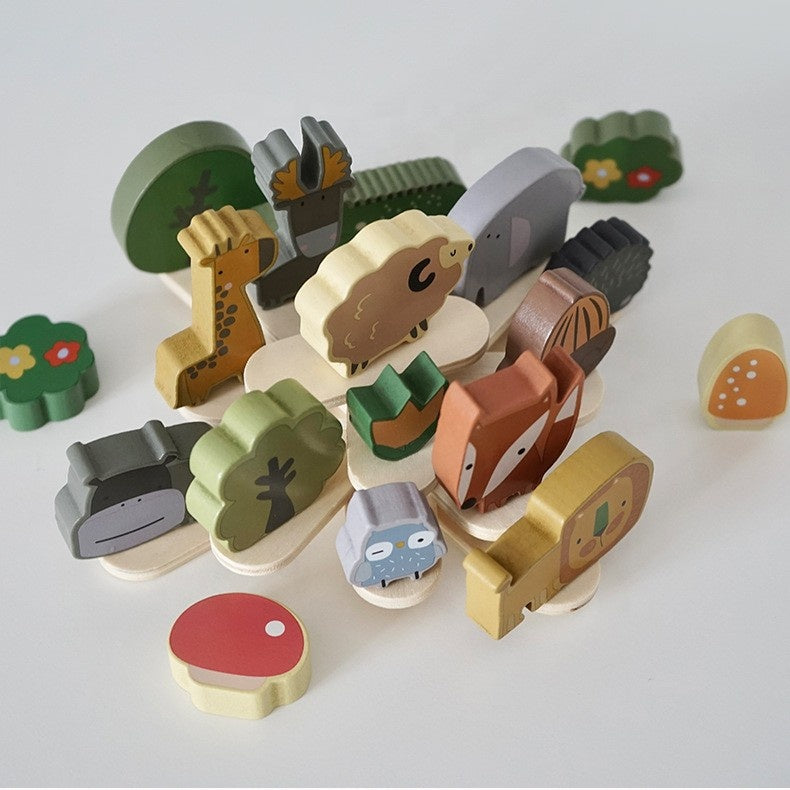 Child-safe wooden stacking blocks featuring hedgehog, elephant, and woodland creatures for playroom