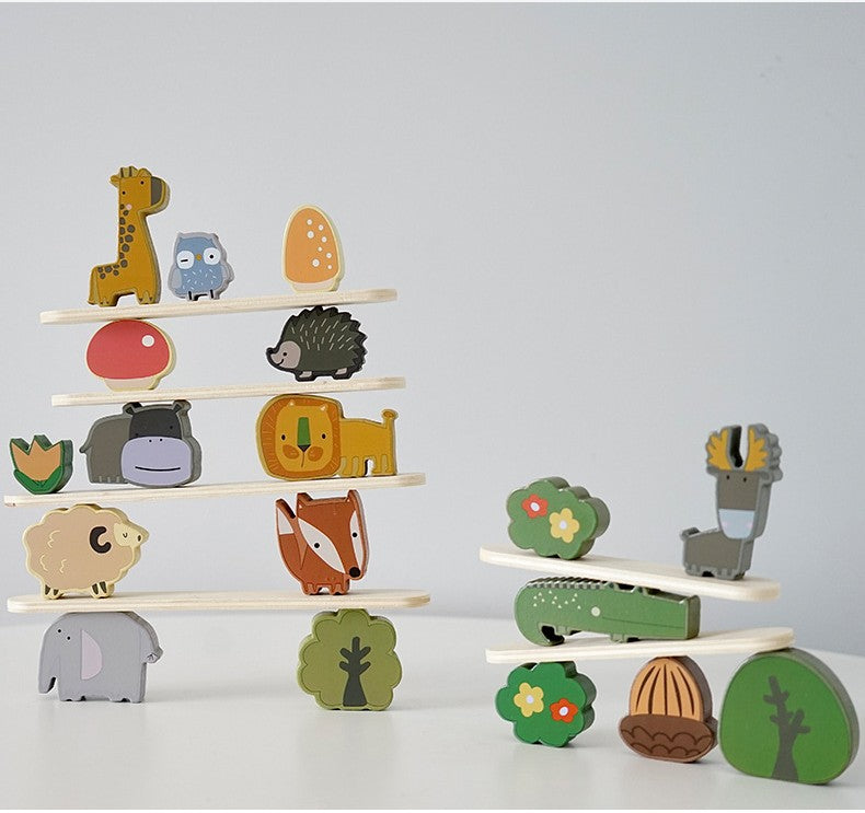 Montessori wooden balancing platforms in various lengths for stacking block animal arrangements
