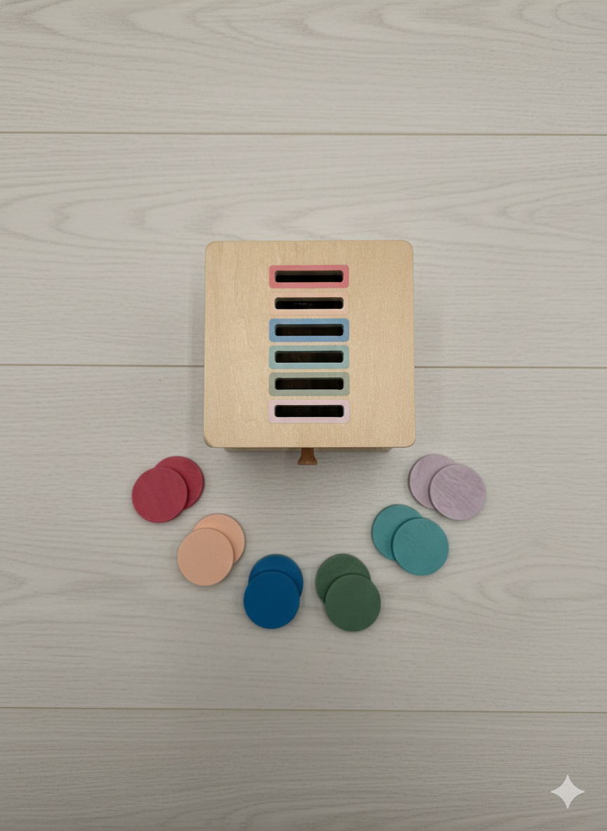 Montessori wooden coin sorting box with colorful coins and storage drawer