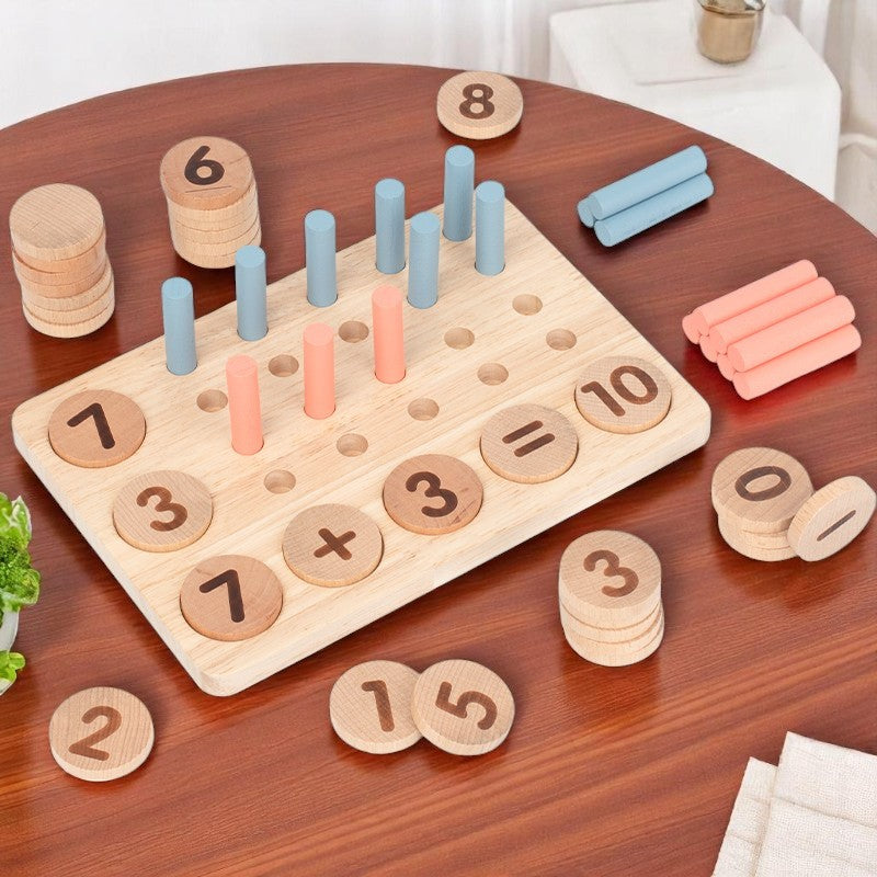 Complete wooden Montessori mathematics board with colored counting pegs and number discs for early arithmetic learning