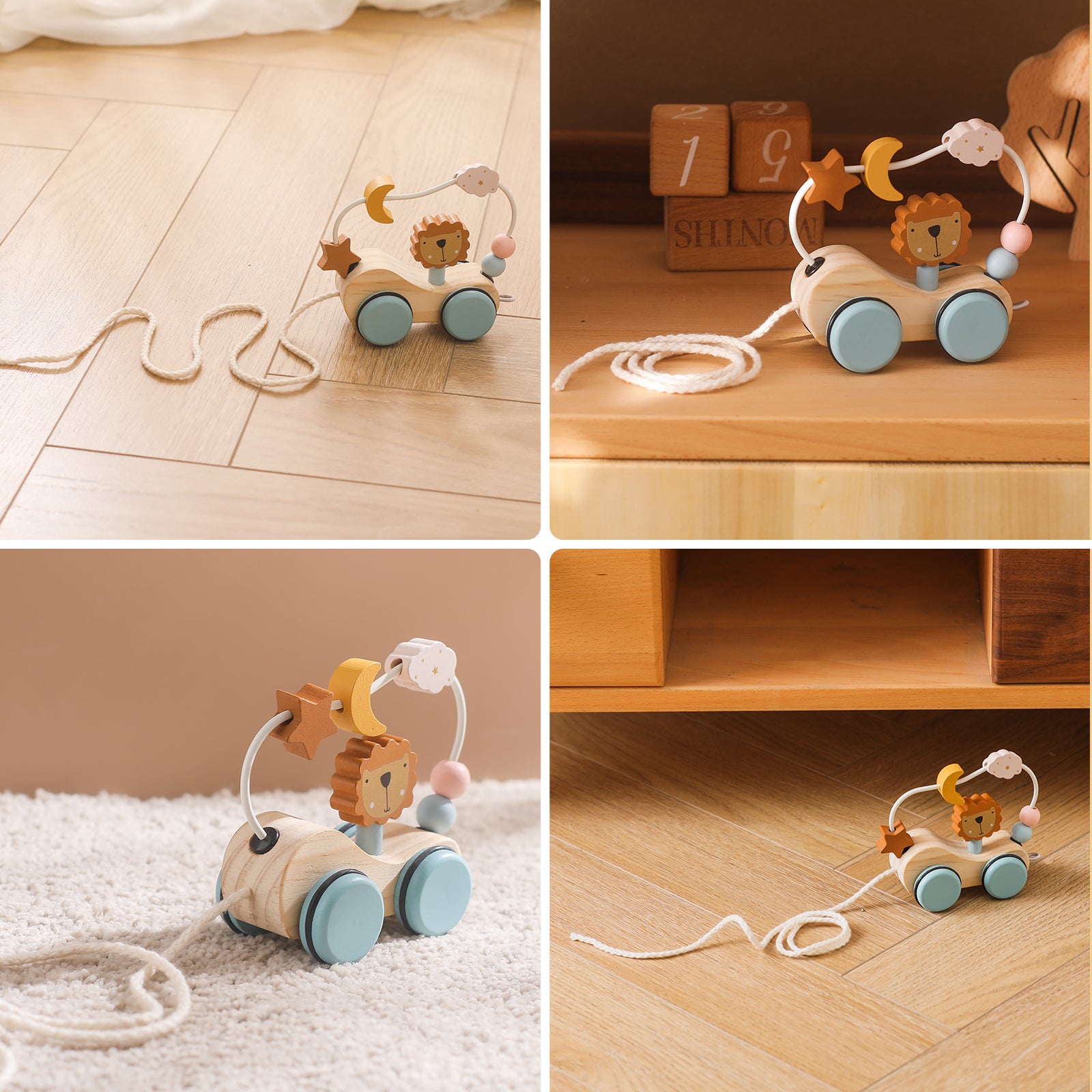 Montessori wooden pull toy showcasing eco-friendly materials and water-based safety paint