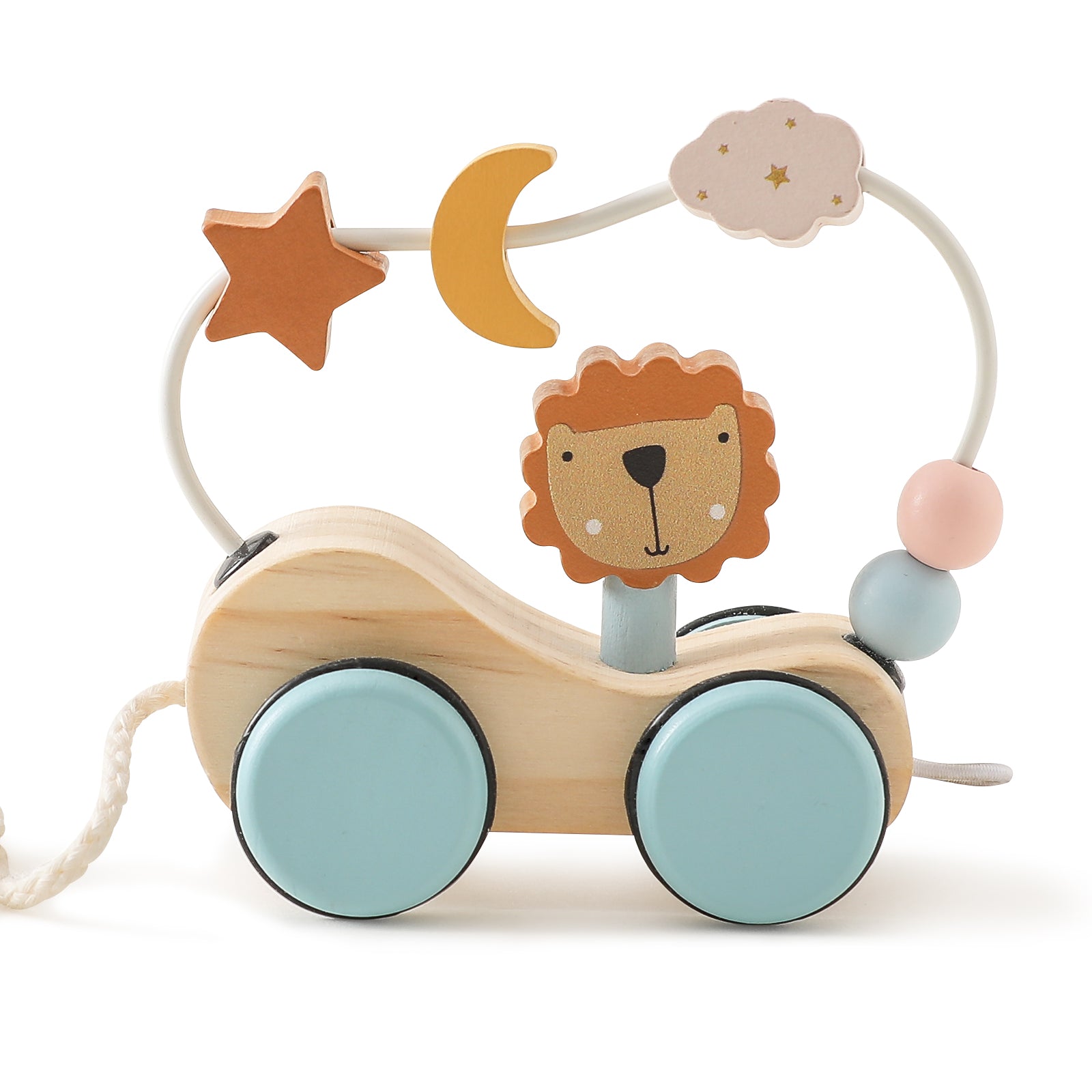 Feature highlights of wooden lion pull toy including smooth wheels and interactive bead elements