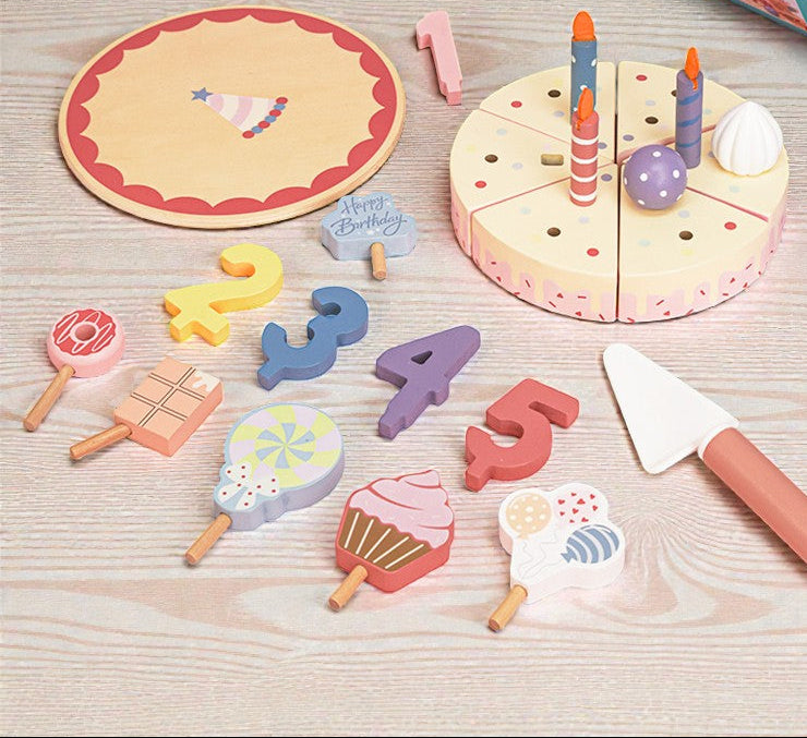 Wooden birthday cake toy with 24 pieces including candles decorations and sliceable sections