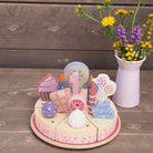 Non-toxic wooden cake set with velcro-connected slices for realistic cutting play
