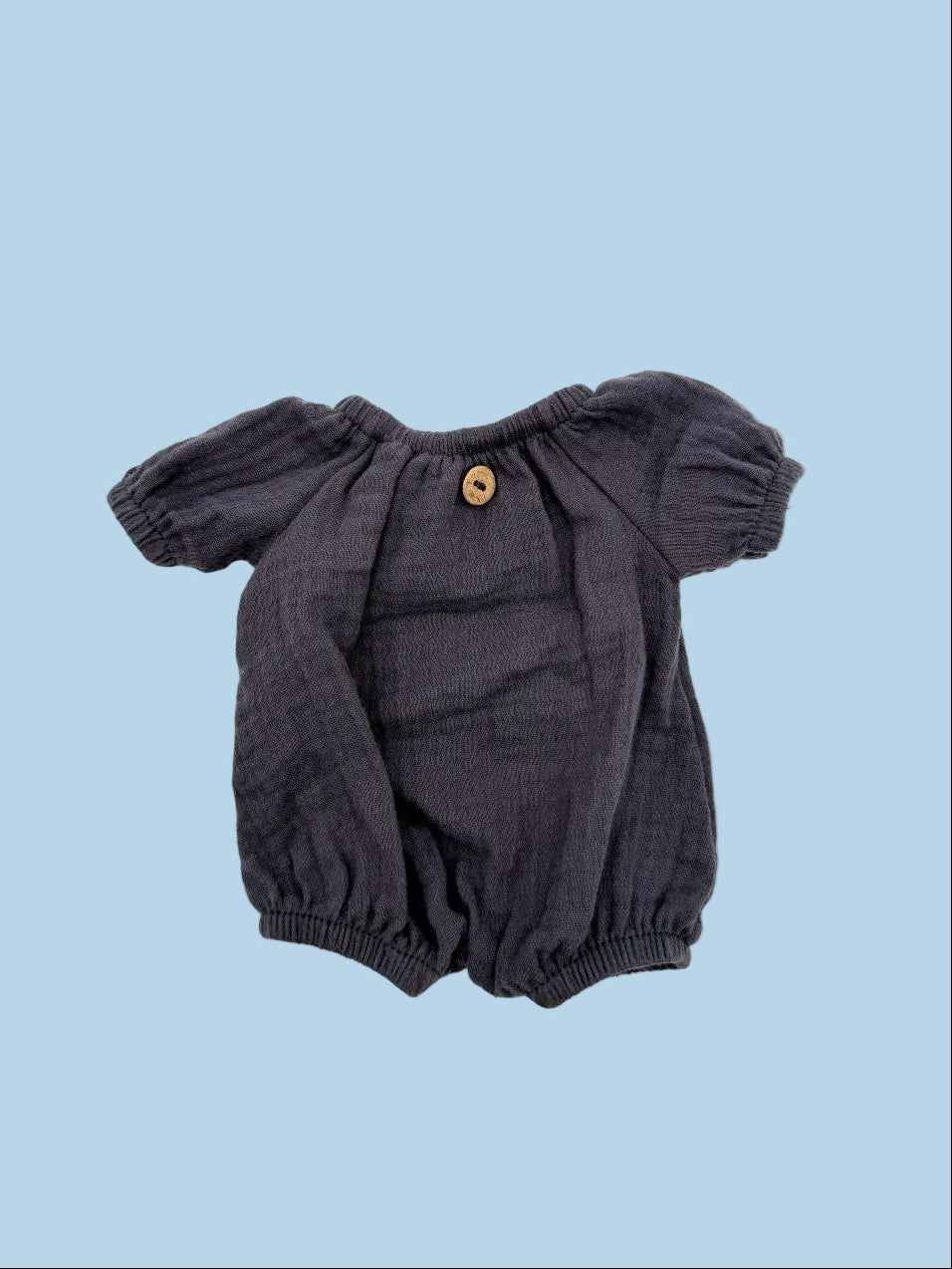 Navy muslin doll romper handcrafted in Poland, fits all 11–14 inch dolls including Bebenita and Minikane