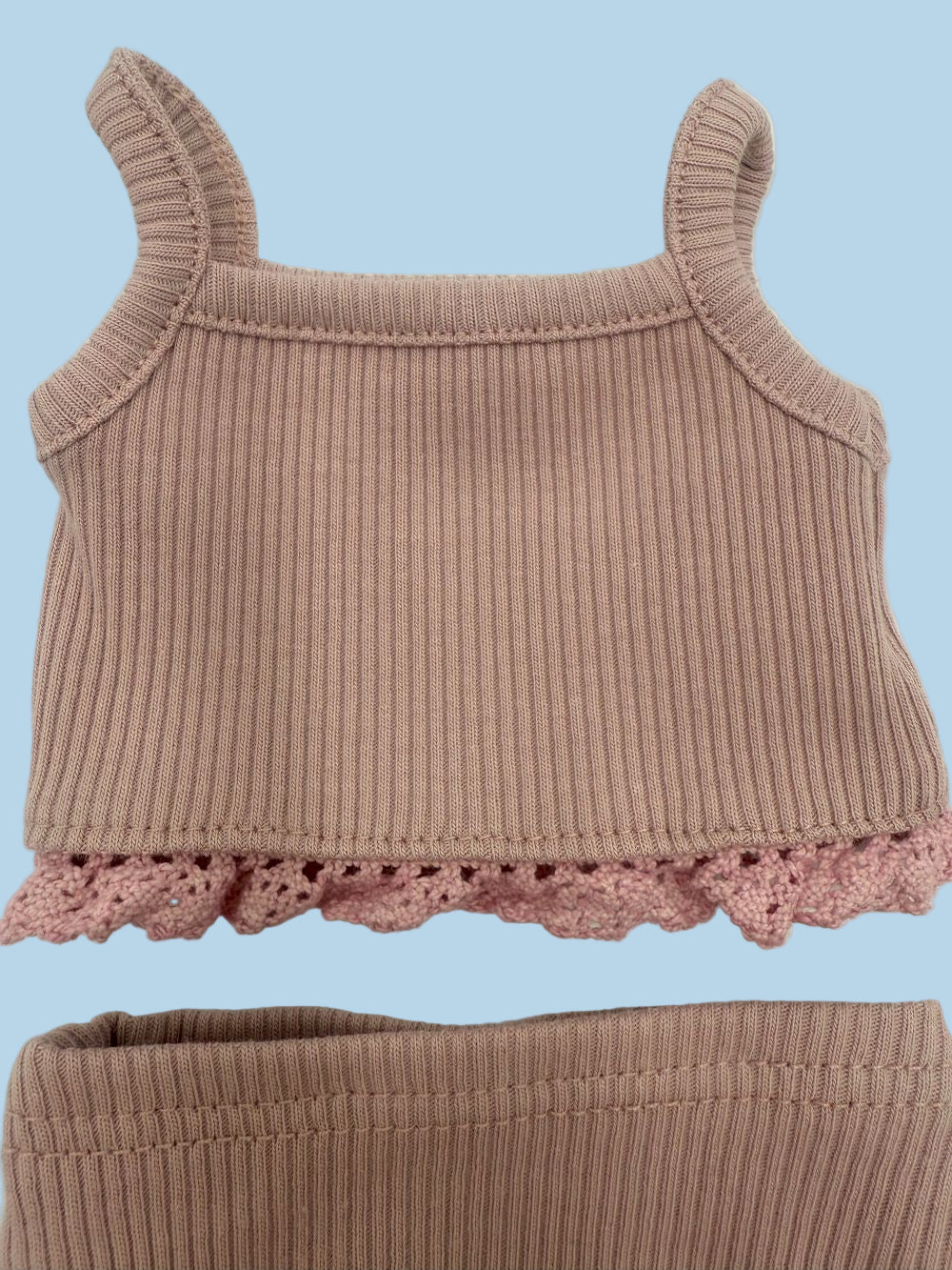 French made doll outfit two-piece ribbed cotton orchid pink with lace details