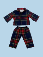 Windsor Tartan doll pajamas in sophisticated navy plaid matching children's sleepwear for 18-inch dolls