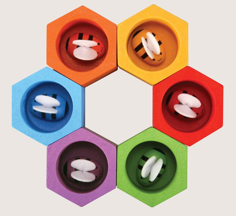 PlanToys Beehives six rainbow hexagonal hives with matching wooden bees