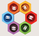 PlanToys Beehives six rainbow hexagonal hives with matching wooden bees