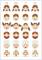 Chart of facial expressions with different emotions on a white background