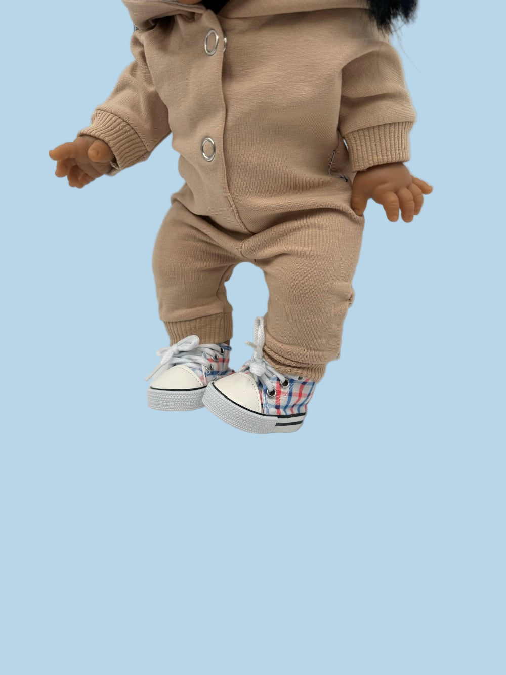 OEKO-TEX certified doll sneakers red blue plaid canvas Minikane 13 inch