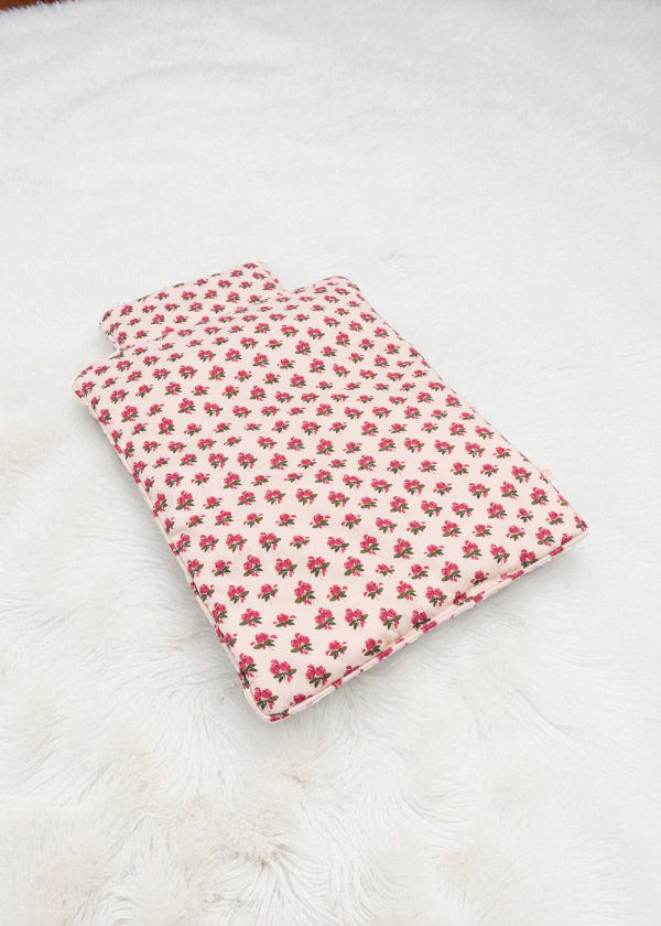 Rosie Rose doll bedding set with vintage pink rose print tote bag, blanket and pillow displayed together
