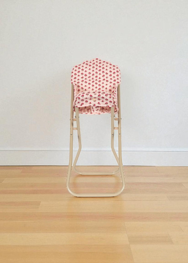 Rosie Rose doll high chair with vintage pink rose print quilted seat and champagne folding metal frame