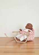 Rosie Rose table chair with vintage pink rose print fabric and champagne clamp frame, shown with doll seated at table