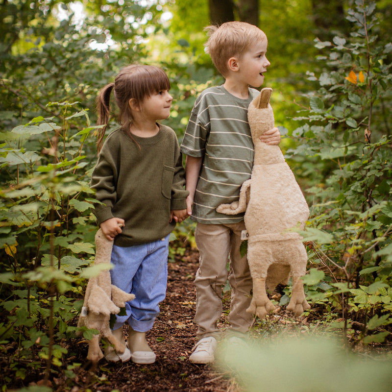 Close-up of Senger cream goose showing soft plush texture and embroidered eye detail