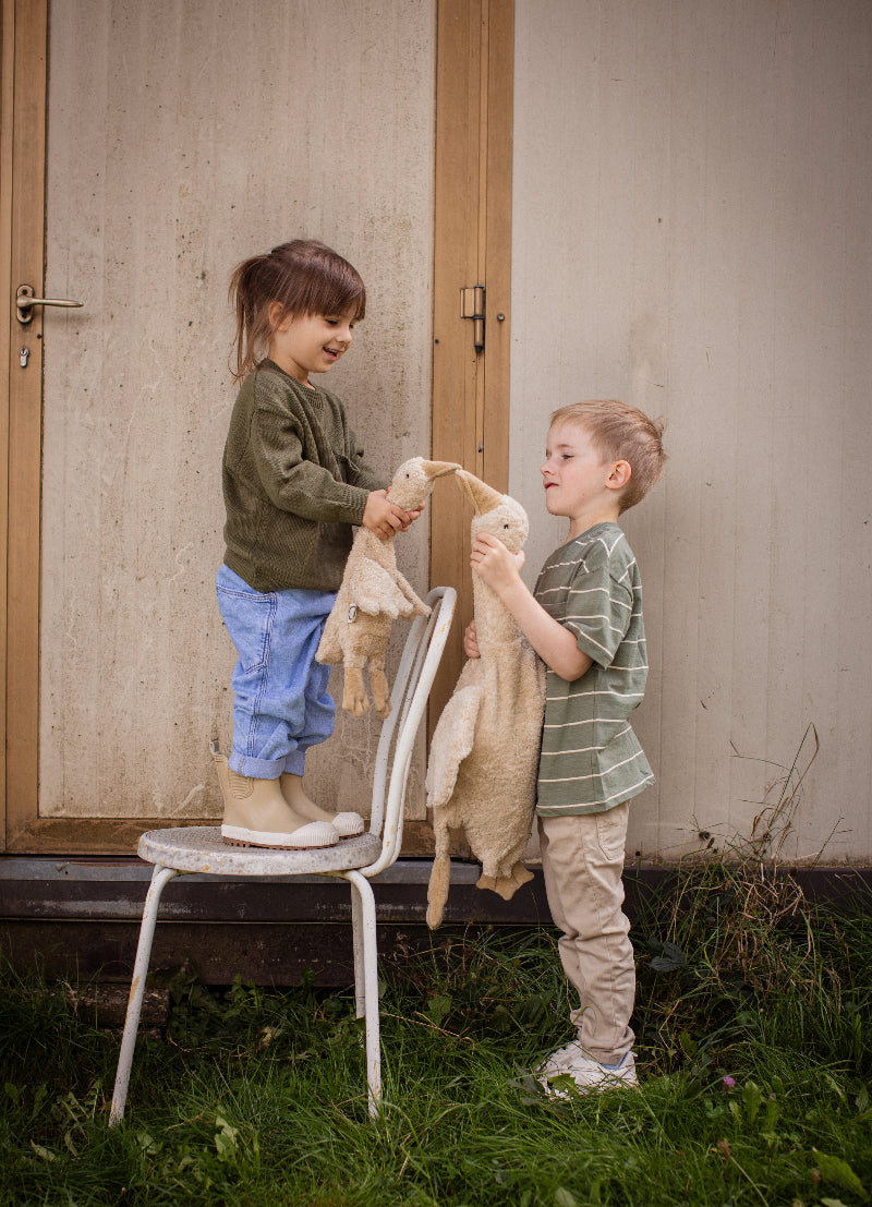 Small cream goose with grape seed warming pillow perfect for baby sleep comfort