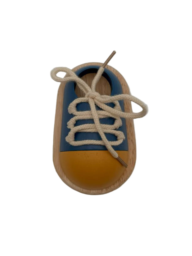 Wooden shoe tying practice trainer Montessori learning tool with cotton laces ages 3+