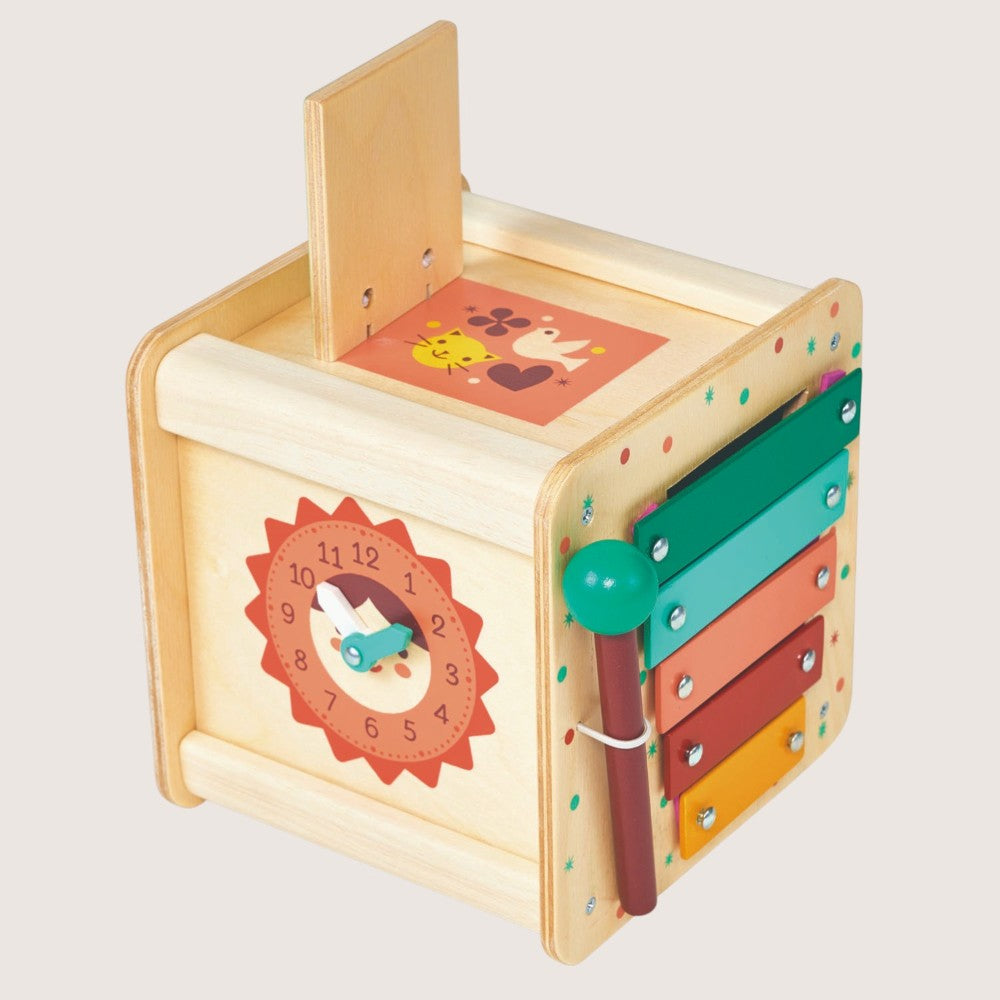 Mentari Toddler Activity Cube showing six-sided wooden learning toy with multiple activities