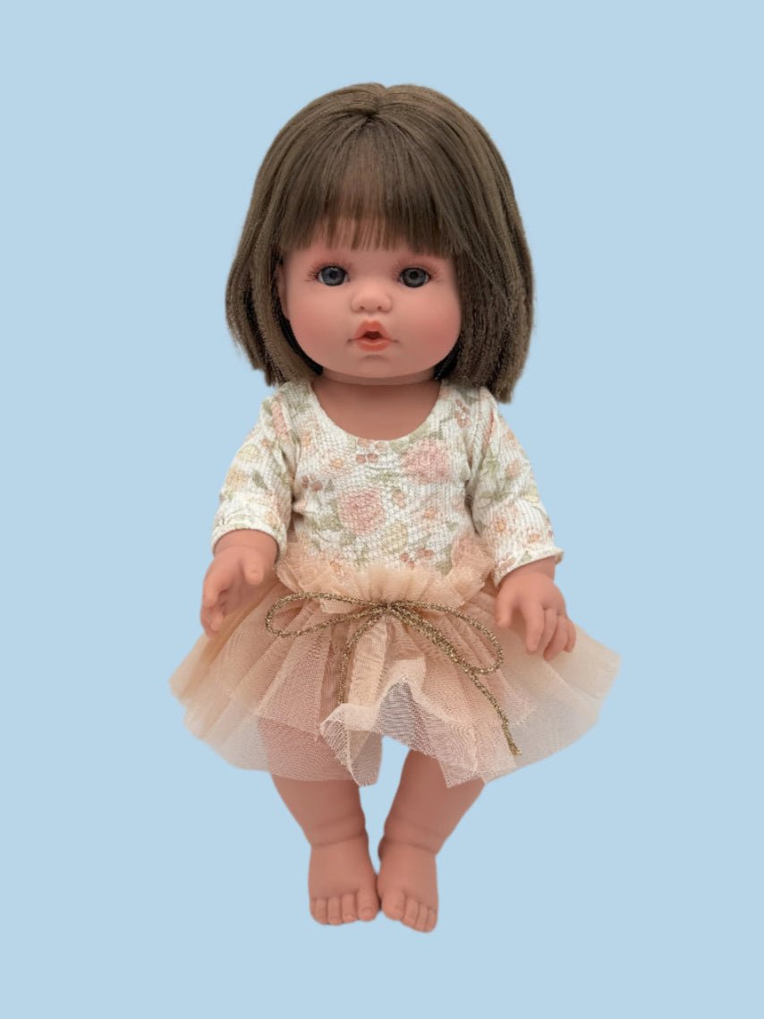 Rose garden print doll bodysuit with blush pink tutu for 11 13 14 inch dolls