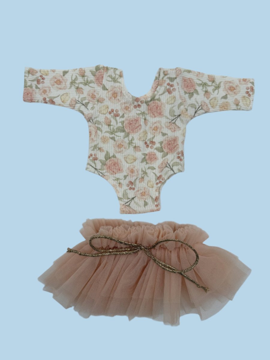 Floral doll tutu bodysuit set with long sleeves and velcro back closure