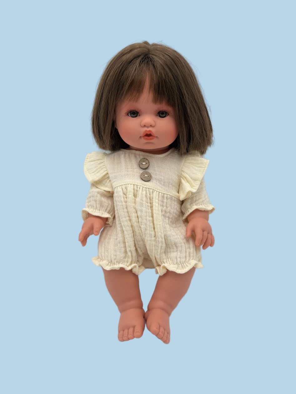 Vanilla cream muslin romper with flutter sleeves and decorative buttons for 11" and 13" dolls