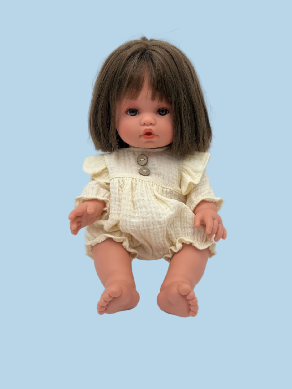 Heirloom-style doll outfit in soft butter yellow muslin with bloomer legs and gathered sleeves