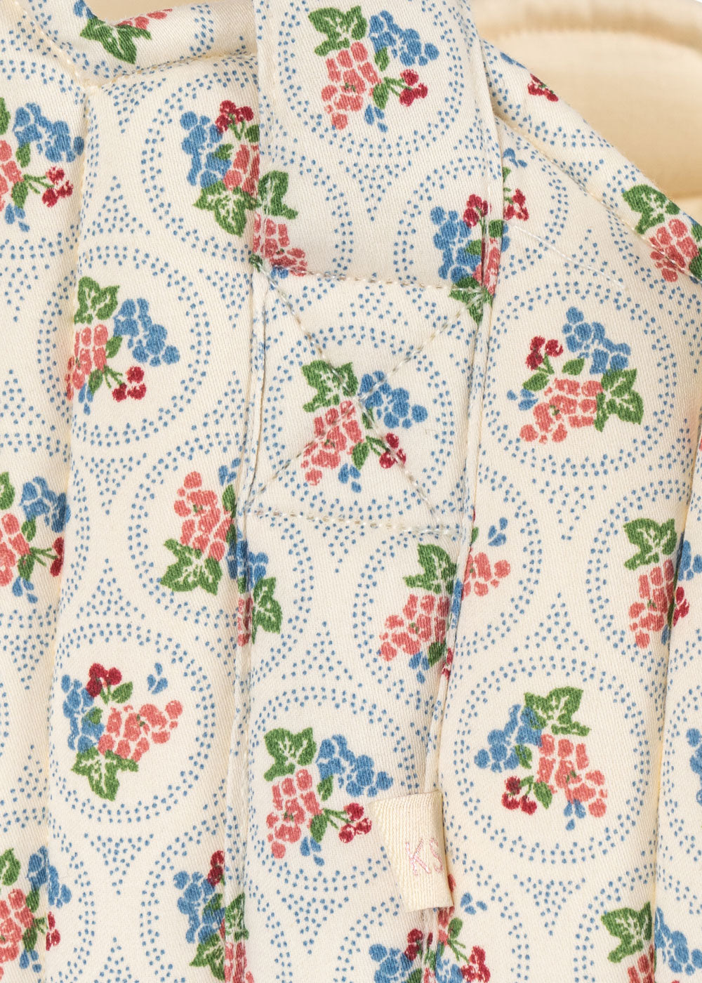 Close-up of Verona Blues print showing cornflower blue flowers, coral blooms, cherries and dotted circle details