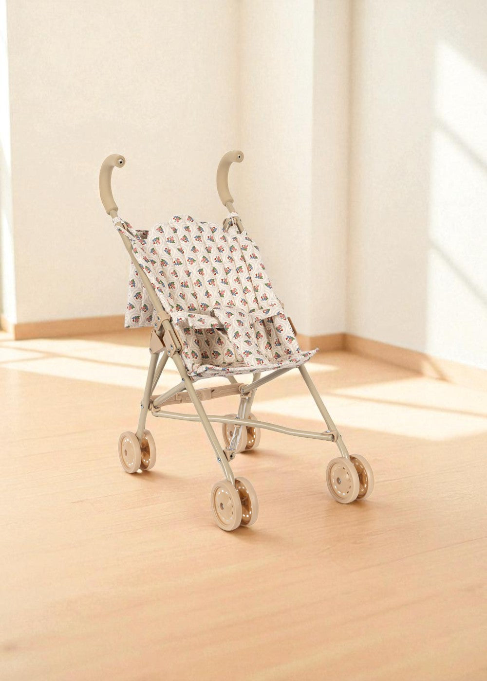 Verona Blues cottage floral doll stroller with steel frame and wooden wheels for pretend play