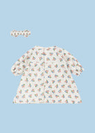 Full view of organic cotton Verona Blues dress with coordinating elastic ribbon headband