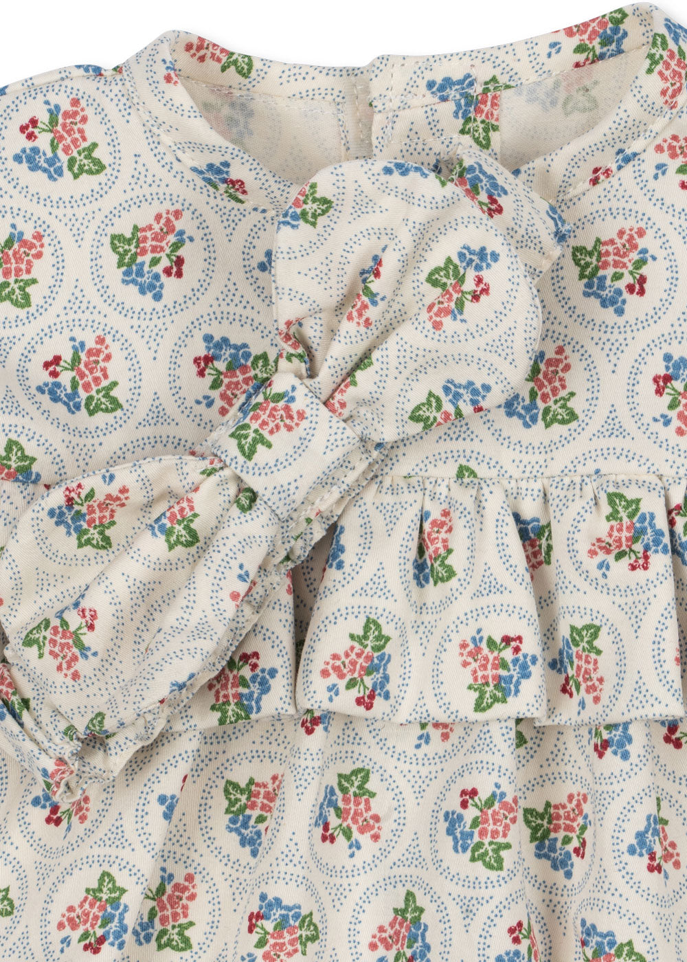 Close-up of vintage botanical print fabric with gathered empire waist on doll dress