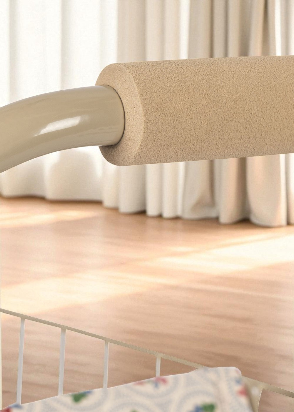 Doll shopping cart showing wire storage basket and floral seat in coral and teal