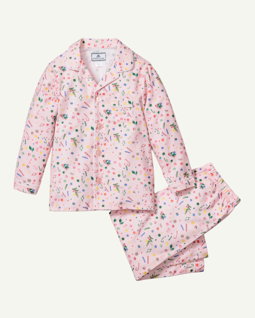 Vintage Sweets pajama set in pink with colorful candy and confetti print for children ages 2-5