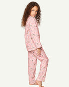 Brushed cotton Vintage Sweets pajamas showing relaxed fit and playful confectionery motifs