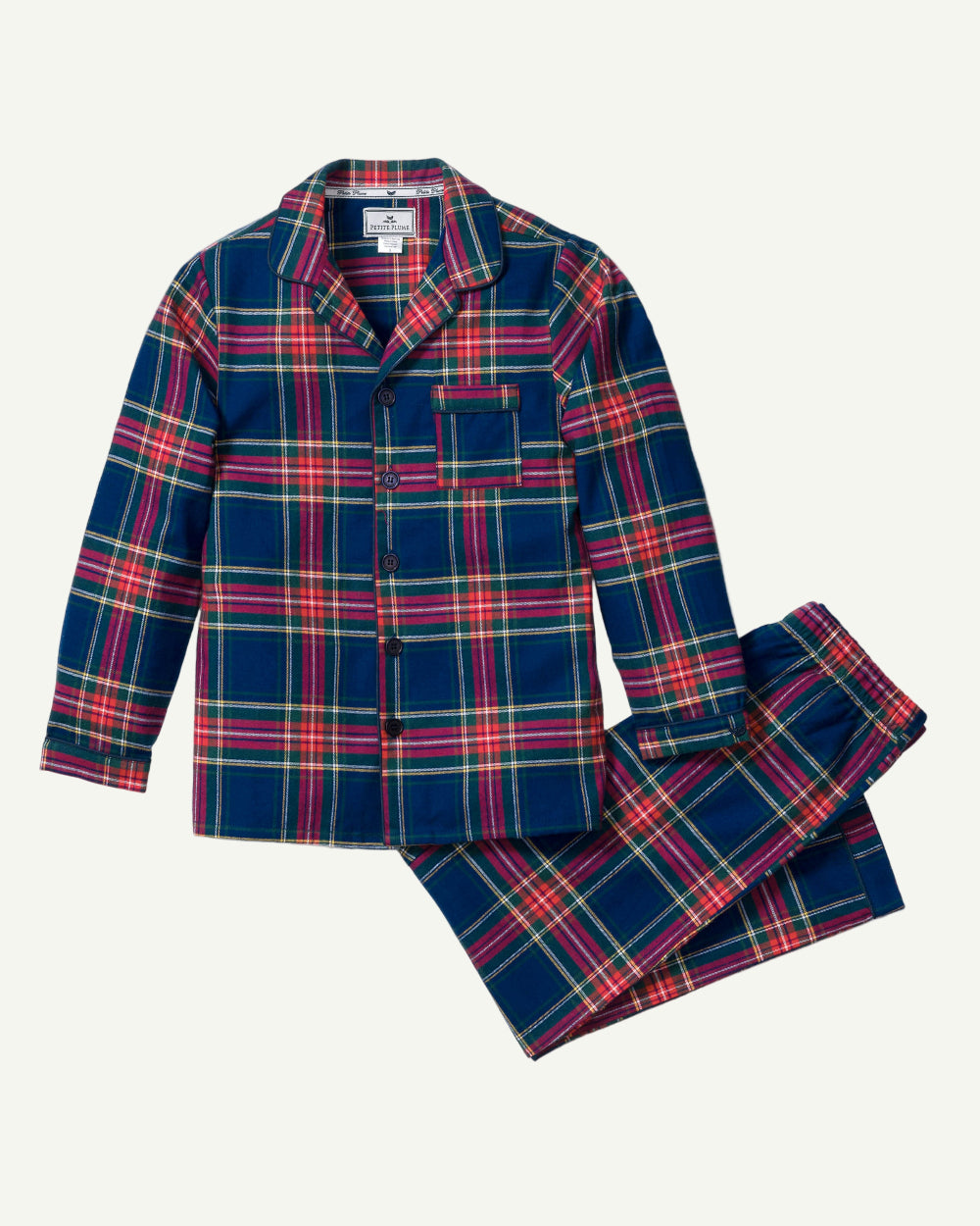 Petite Plume Windsor Tartan pajama set in deep navy with red and pink plaid pattern