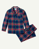 Petite Plume Windsor Tartan pajama set in deep navy with red and pink plaid pattern