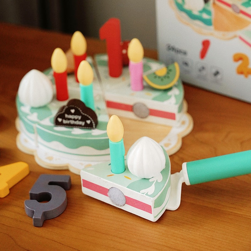 Premium quality wooden birthday cake toy featuring non-toxic water-based paint and rounded edges